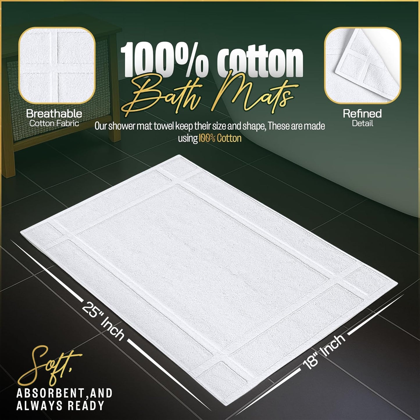 Pearl Linens Pack of 6 100% Cotton Bath Mat 18x25 inches, Soft & Absorbent Quick Dry Bathroom Mat Set, Not Bathroom Rugs, After Shower Mat, Bath Tub Mat, 687 GSM, Machine Washable, White