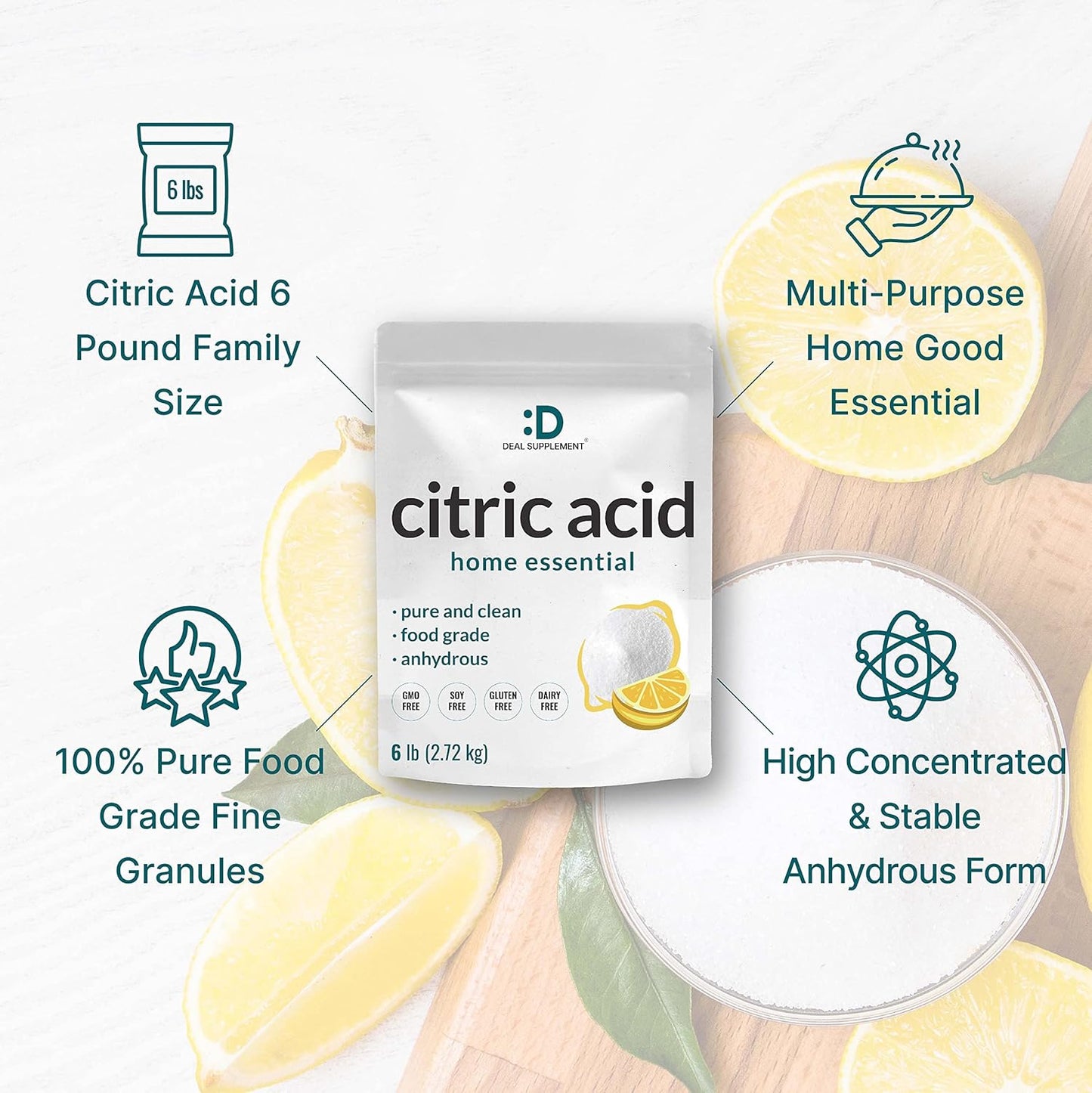 Citric Acid 6 Pounds | Fine Granular Powder, Food Grade, Bulk Supply – Potent Anhydrous Form – Versatile Flavor Enhancer, Preservative, Cleaning, & Homemade Bath Bombs – Additive Free, Non-GMO