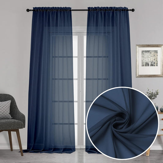 Chyhomenyc Extra Long Sheer Window Curtain Panels 120 Inch 2 PCS, Rod Pocket Durable Soft Touching Backdrop Drapes Window Treatment for Living Room/Farmhouse/Hotel, 42W x 120L inches, Navy Blue, 10 FT