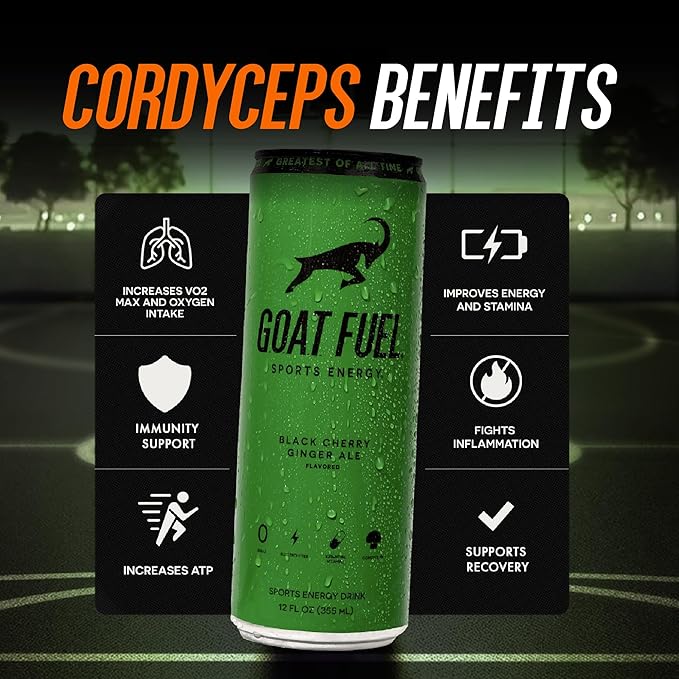 G.O.A.T. Fuel Energy Drink, Co-Founded by Jerry Rice, Natural Caffeine, Electrolytes, BCAAs, Cordyceps & Antioxidants, Light Carbonation Pre Workout, 12 Pack, 12 FL Oz, Black Cherry Ginger Ale