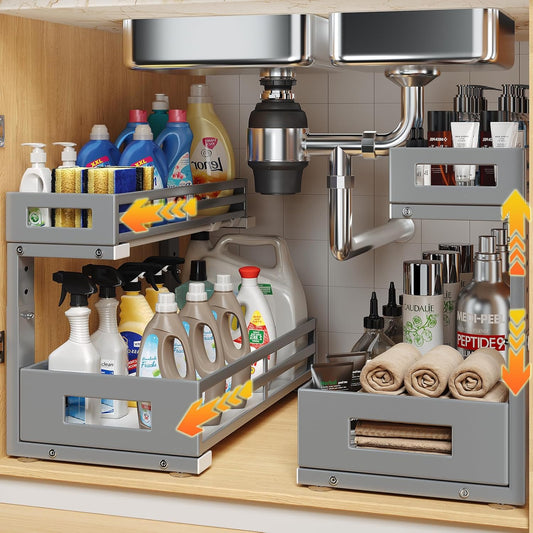 2-Pack 17"Deep Under Sink Organizer And Storage, 2-Tier L-Shaped Pull Out Cabinet Organizer with Upgraded Slide Rails, Height Adjustable Drawers for Kitchen&Bathroom, Extra-Large Storage Shelves–Gray