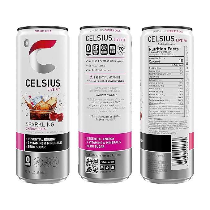 CELSIUS Sparkling Cherry Cola, Sugar Free Energy Drink, 12 Fl Oz (Pack of 12)