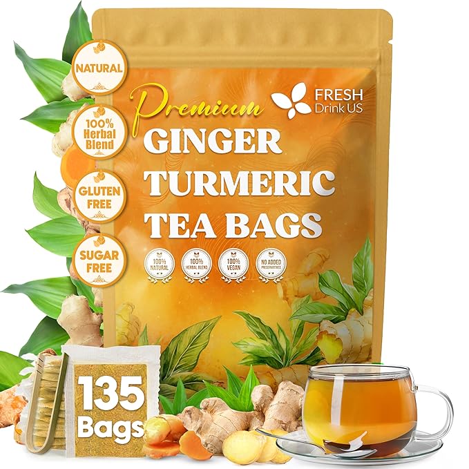 FreshDrinkUS, Premium 135 Turmeric Ginger Tea Bags, 100% Natural Ingredients, Hand-made Blend of Turmeric and Ginger Herbal Tea, Eco-conscious Tea Bags. No Sugar, No Caffeine, No Gluten, Vegan.