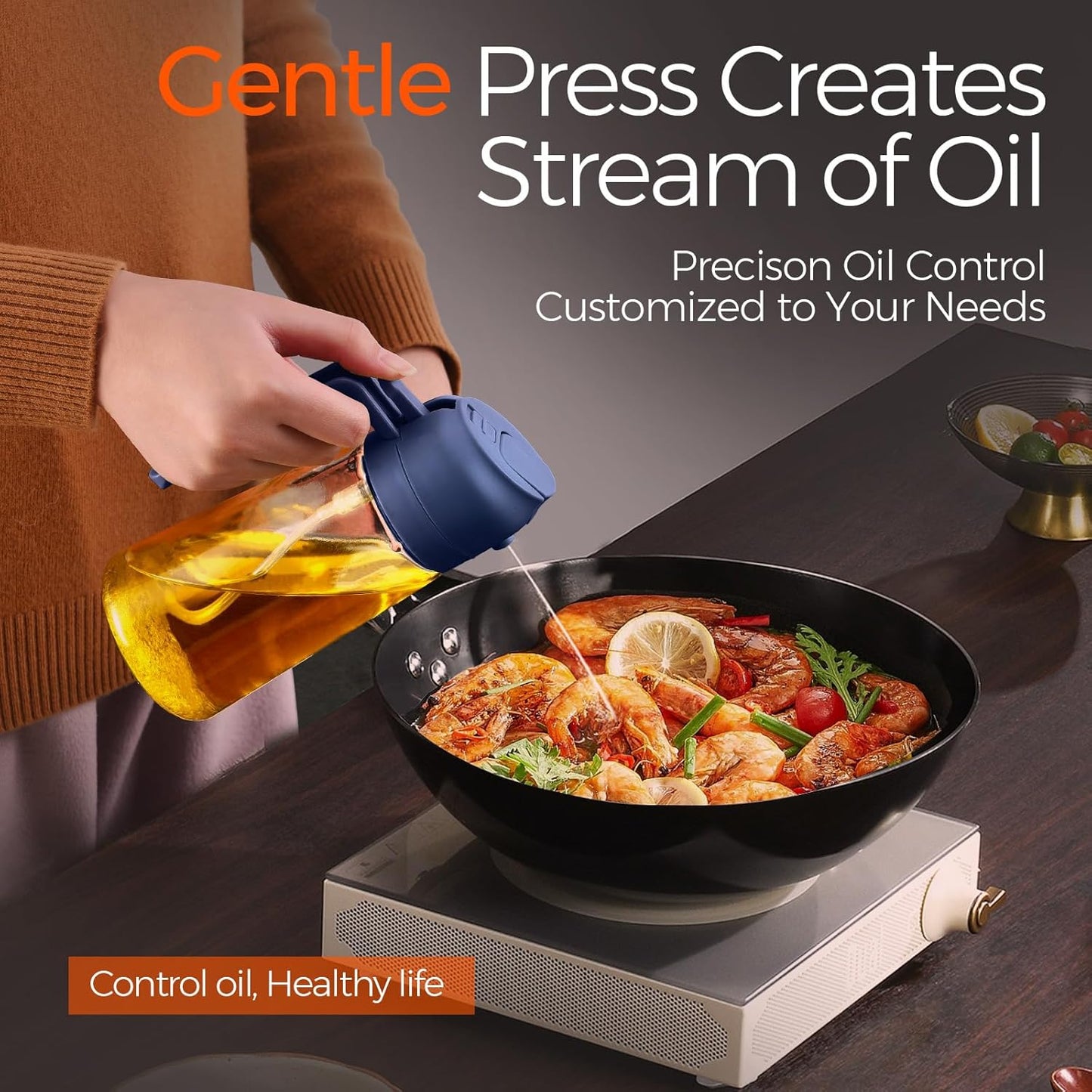 YARRAMATE 2Pcs 16oz/470ml Glass Olive Oil Sprayer for Cooking with Stickers, 2 in 1 Oil Dispenser for Kitchen Gadgets, Food Grade Premium Spray Bottle with Portion Control for Salad, BBQ (Black&Navy)