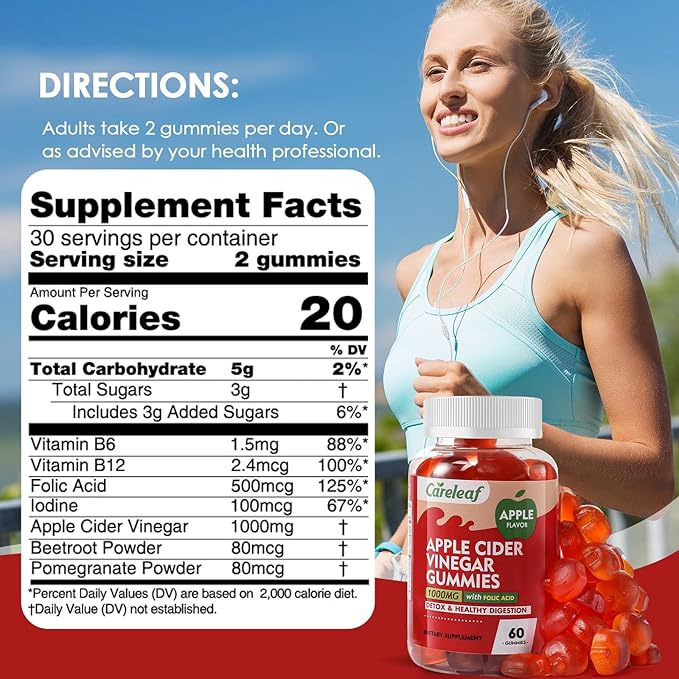 Apple Cider Vinegar Gummies 60 Counts 1000mg AVC with Vitamin B6 Vitamin B12 for Metabolism, Digestion, Detox, Gut & Immune Health