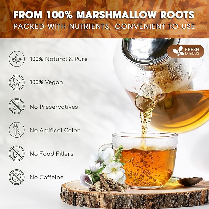 FreshDrinkUS, Premium 55 Marshmallow Root Tea Bags, 100% Natural & Pure from Marshmallow Root, Eco-Conscious Tea Bags, Marshmallow Root Herbal Tea. No Sugar, No Caffeine, No Gluten, Vegan.