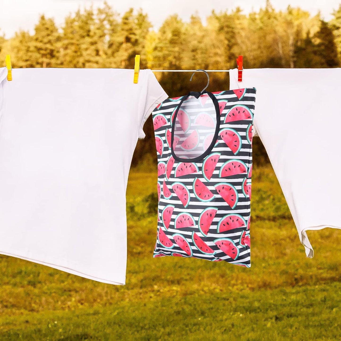 2 Pcs Watermelon Clothespin Bag with Hanging Hook 15 X 11 Inch Watermelon Laundry Canvas Clothes Pin Holder Waterproof Clothespin Bag Clothespin Storage Organizer with A Large Opening (Watermelon)