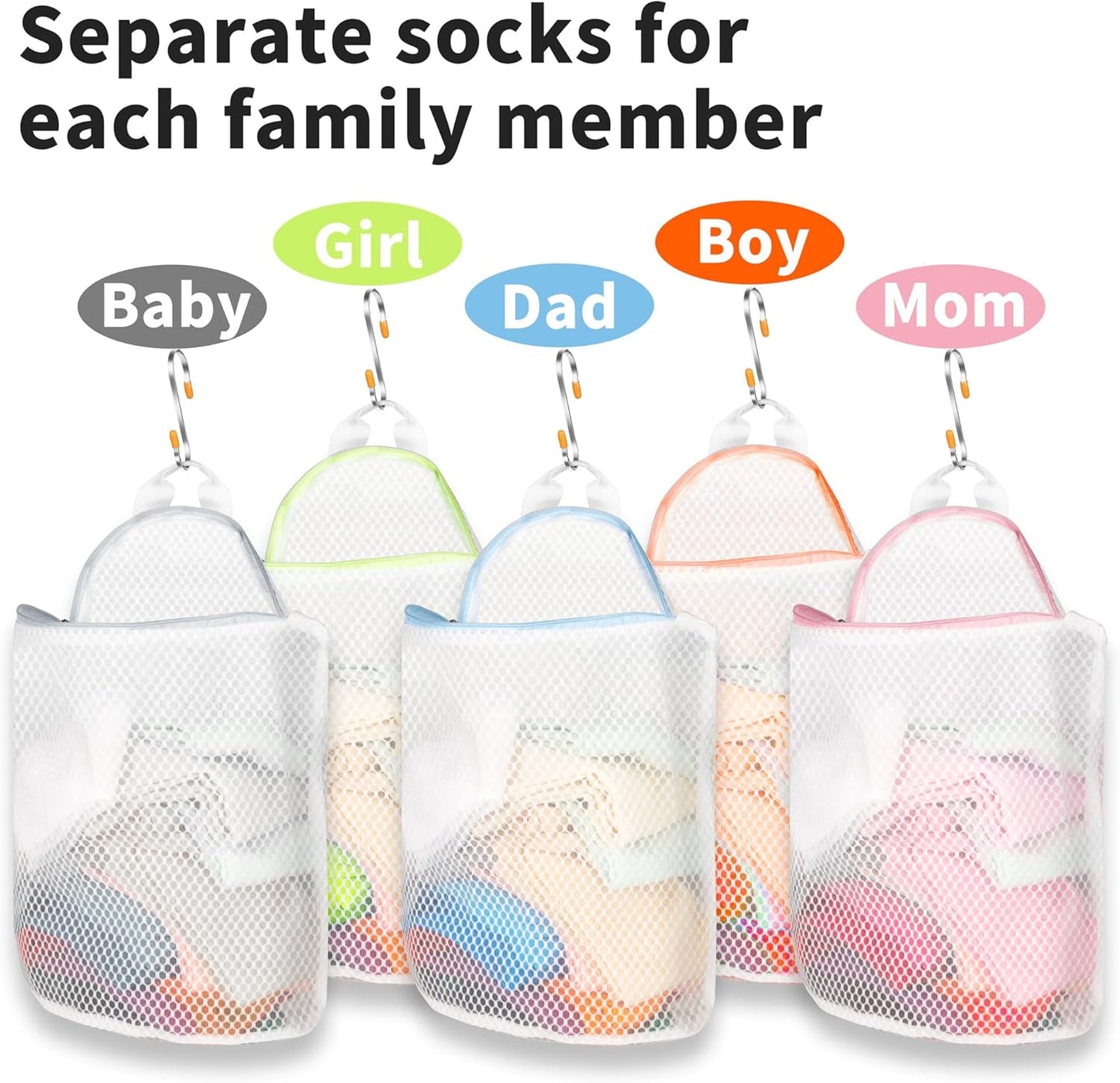 5Pcs Hanging Laundry Bags for Socks with S Hooks,12 X 10 inch 5 Color Mesh Laundry Bags for Washing Machine