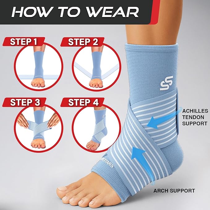 Sleeve Stars Ankle Brace for Women & Men, Ankle Wrap for Sprain, Compression Sleeve for Plantar Fasciitis Relief, Easy Customizable Support: w/ Removable Strap (Single/M:10"-12"/Light Blue)
