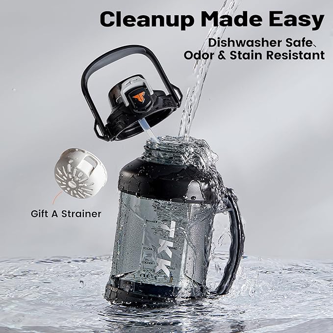 TKK Half Gallon Water Jug Sport Bottle with Straw 2 in 1 Lid Dishwasher Safe BPA Free Leakproof Large Capacity Tritan Plastic Bottle 1/2 Gallon 64oz Water Bottle for Gym Travel Camping Outdoor