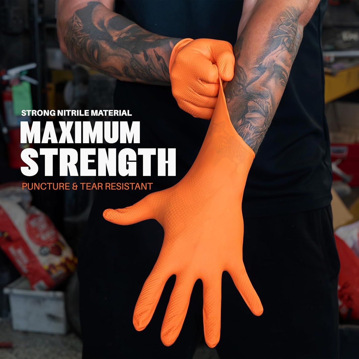 Herkules Grip Heavy Duty 8Mil Orange Nitrile Gloves,3D Raised Diamond Texture-Latex & Powder Free-Industrial, Mechanic
