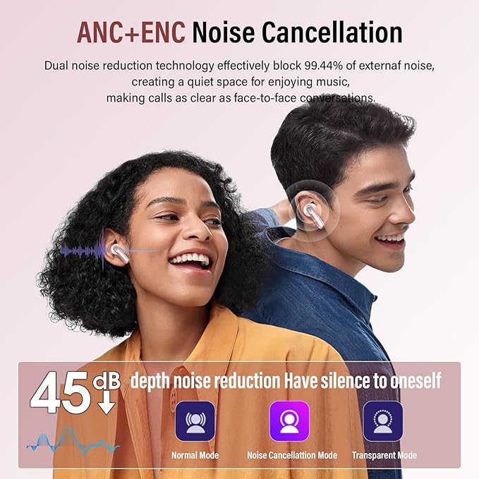 Wireless Earbuds, Bluetooth 5.4 Headphones with Multifunctional Touch Screen, 48H Bass Stereo Ear Buds with ANC/ENC Noise Cancelling/Transparency Mode, IPX7 Earphones with 5 EQ Modes, Rose