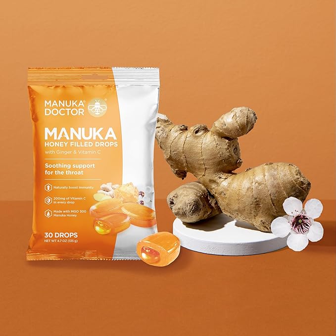 Manuka Doctor Cough Drops, Manuka Middles, 30 Drops (Pack of 1) Bag Throat Lozenges Infused with Raw Manuka Honey, Vitamin C & Ginger for Immune Support, Helps Soothe Sore Throat