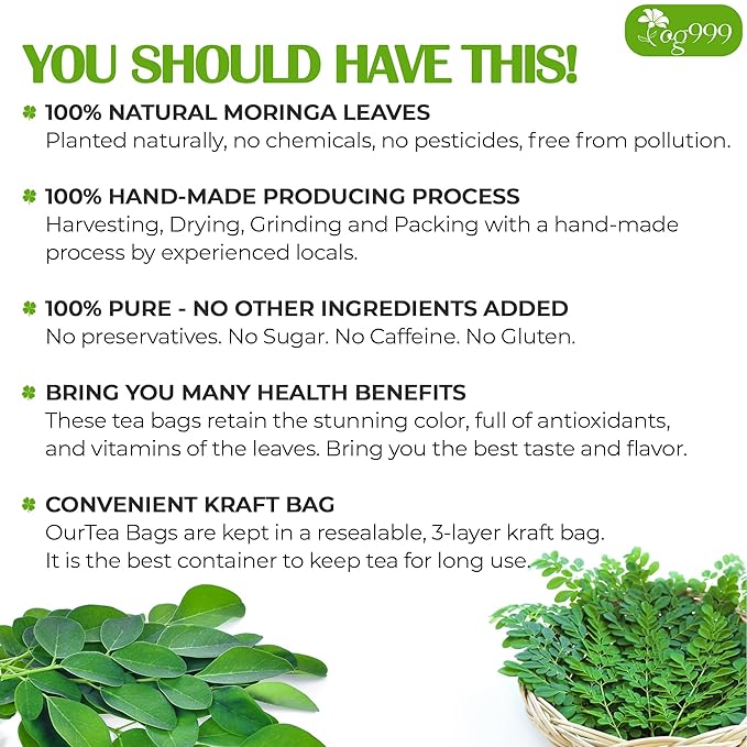 TOG999, Premium 120 Moringa Leaf Tea Bags, 100% Natural & Pure. Loose Leaf Moringa Herbal Tea. No Sugar, No Caffeine, No Gluten, Vegan.