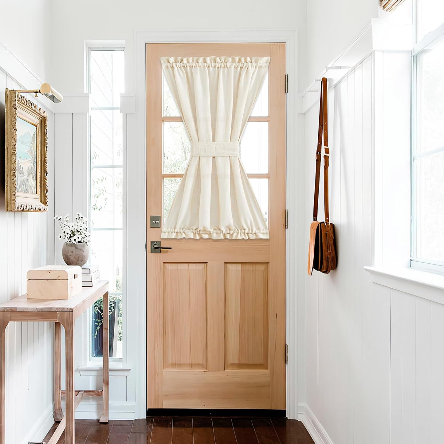 NICETOWN Faux Linen Kitchen Bathroom Door Curtains 40 Inches Length, Farmhouse Dual Rod Pocket Sheer French Door Curtains for Glass with Tieback for Privacy Protection, 1 PC, 36x40, Beige