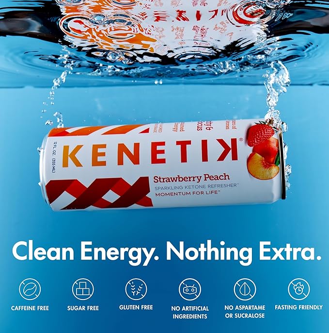 KENETIK Nootropic Ketone Drink, Ketones for Energy & Focus, Caffeine & Sugar Free, High Performance D-BHB Ketone Mix, Fuel w/Zero Crash or Jitters, Ready to Drink - Strawberry Peach 12 Pk