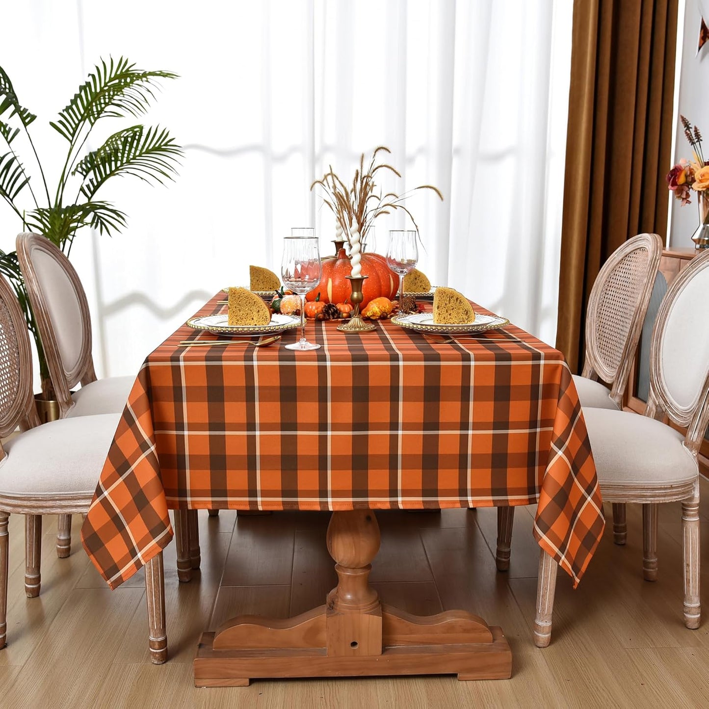 Waterproof Plaid Tablecloth Fabric - Square 58x58 Inch Classic Gingham Checker Thanksgiving Table Cloth for Indoor/Outdoor Use - Fall Tabletop Cover Perfect for Picnics, BBQs, Halloween
