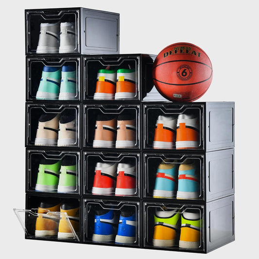 12 Pack Shoe Boxes Organizer, Magnetic Door Shoe Storage Boxes, Clear Sneaker Storage Box for Women/Men, Fit up to US Size 12