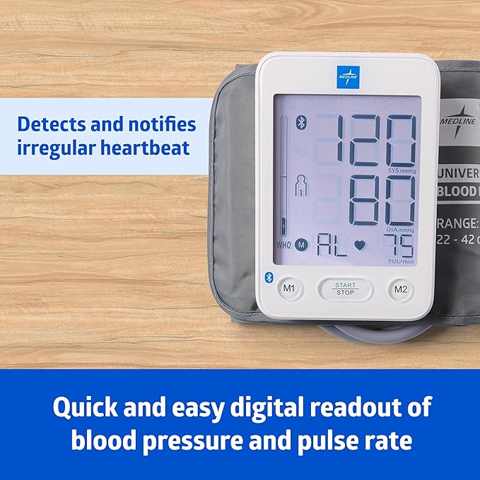 Medline Bluetooth Blood Pressure Monitor, Universal Upper Arm Cuff, Digital LCD Display, Health App Integration, Stores Up to 120 Readings, Carrying case and Batteries Included