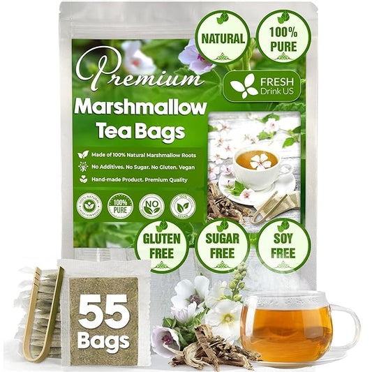 FreshDrinkUS, Premium 55 Marshmallow Root Tea Bags, 100% Natural & Pure from Marshmallow Root, Eco-Conscious Tea Bags, Marshmallow Root Herbal Tea. No Sugar, No Caffeine, No Gluten, Vegan.