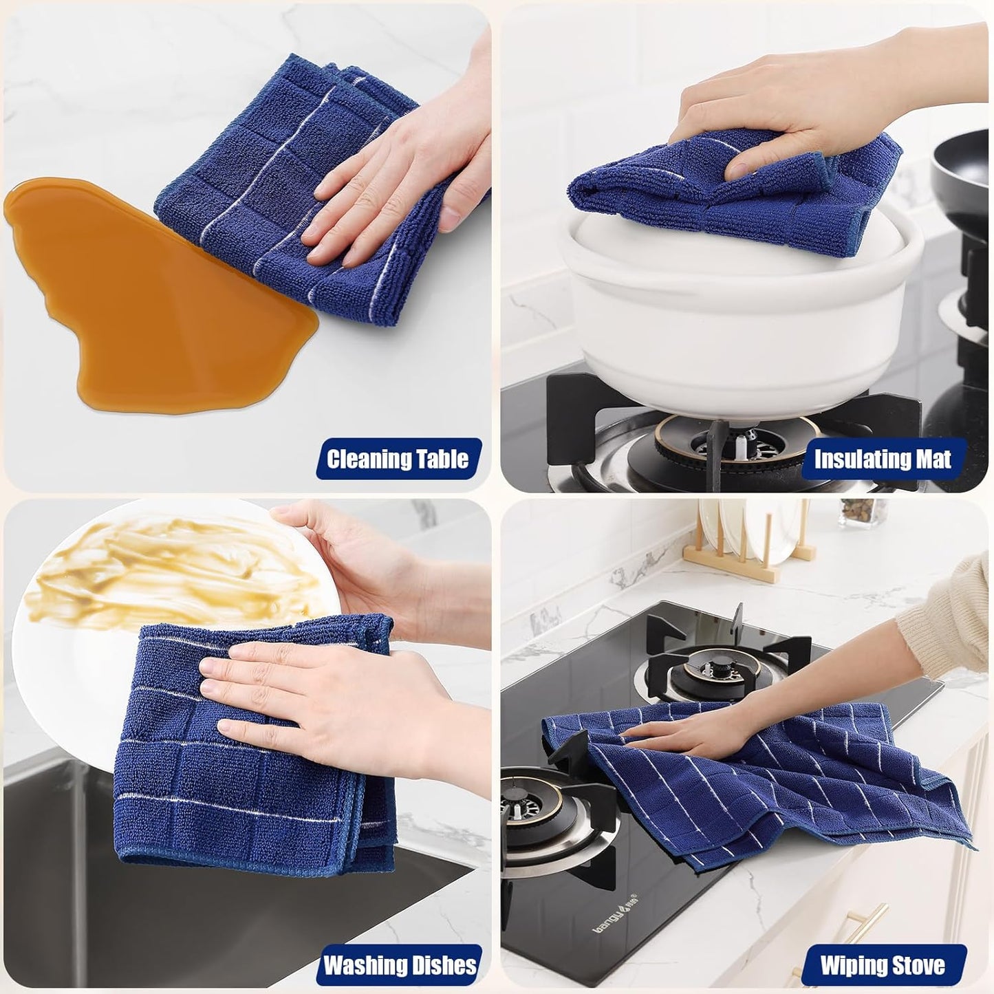 Homaxy Microfiber Kitchen Towels and Dishcloths Set, 12 Pack Soft and Absorbent Dish Hand Towels Bulk, 28 x 16 Inch & 12 x 12 Inch Quick Drying Rags for Washing Dishes, Navy Blue