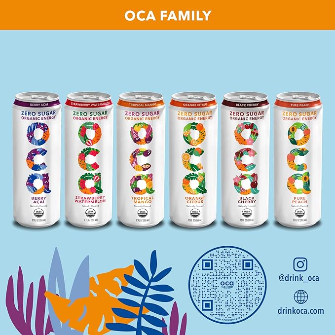 OCA ZERO Berry Acai, Organic energy drink, zero sugar, gluten-free, vegan plant-based, 12 Fl Oz (12 pack)