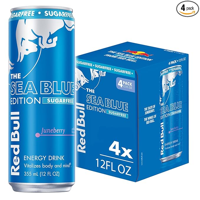 Red Bull Sea Blue Edition Sugar Free Energy Drink, Juneberry,12 fl. oz., Pack of 4 cans, with 114mg Caffeine, Taurine & B Vitamins