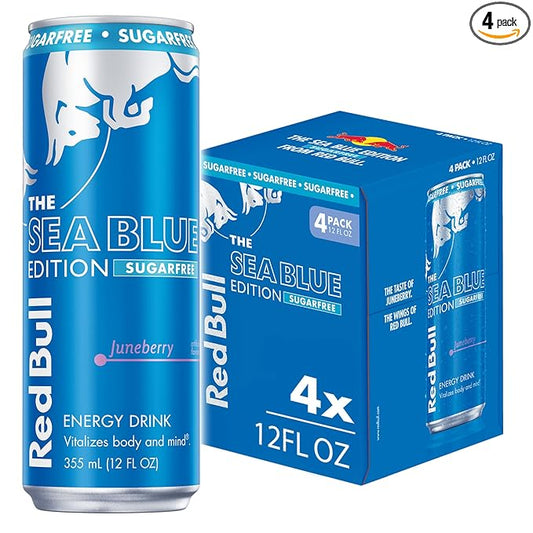 Red Bull Sea Blue Edition Sugar Free Energy Drink, Juneberry,12 fl. oz., Pack of 4 cans, with 114mg Caffeine, Taurine & B Vitamins