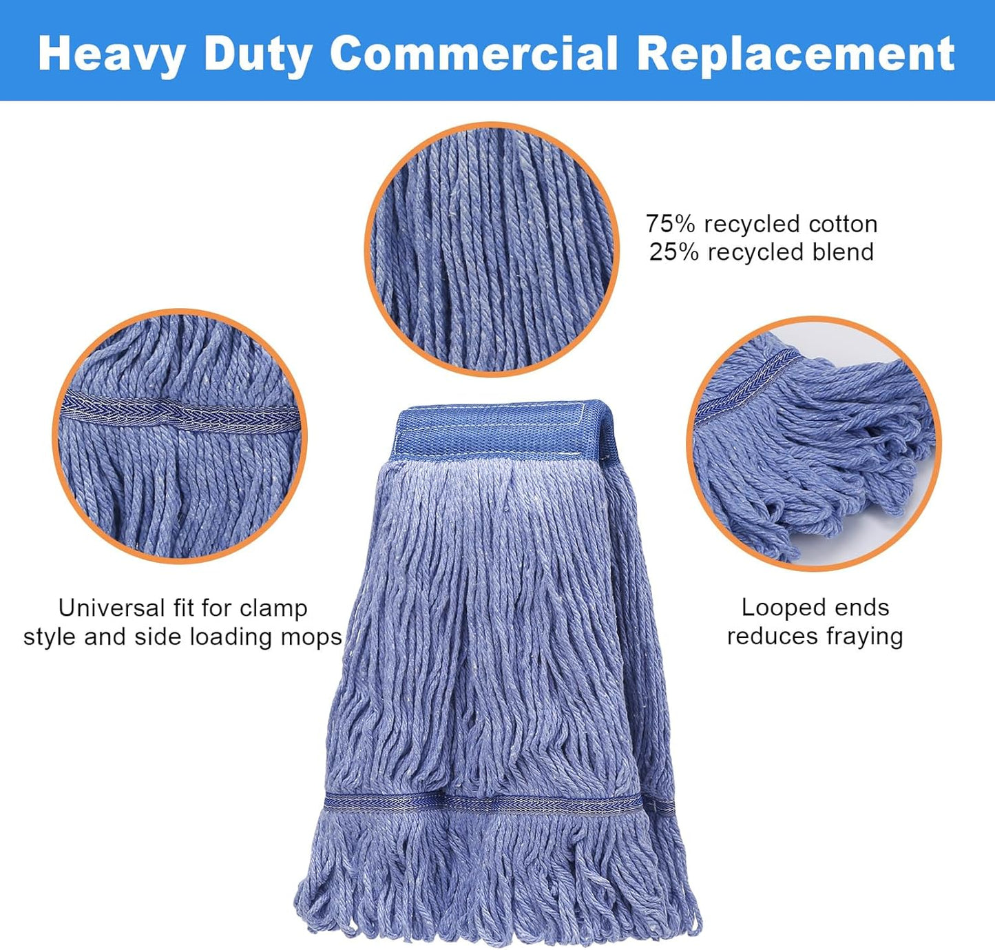 3 Pack Commercial Replace Mop Head, Reusable Mop Head Refills-Replacement Mop Heads Suitable for Heavy Commercial Industrial Residential Areas,Wet Industrial Cotton Looped End String Mop Head (Blue)