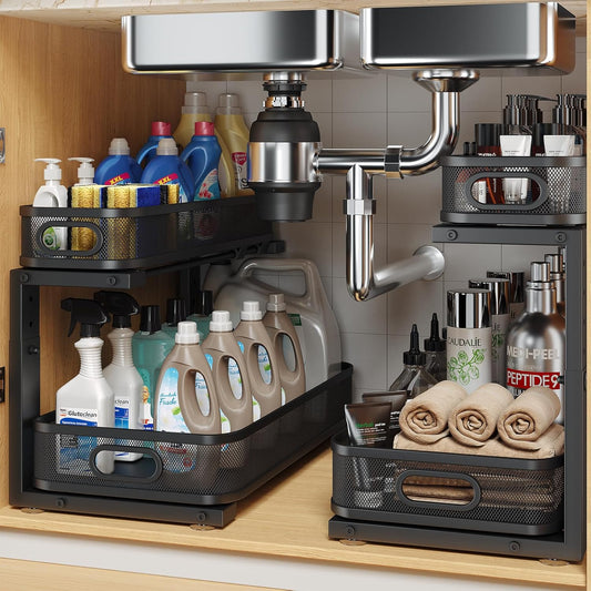 2 Pack 17.3IN-Depth Under Sink Organizer with Smooth Cylindrical Rail,2-Tier Pull Out Multi-Purpose Cabinet Storage for Bathroom&Kitchen,Height Adjustable,Rust-Resistant Coating-Black