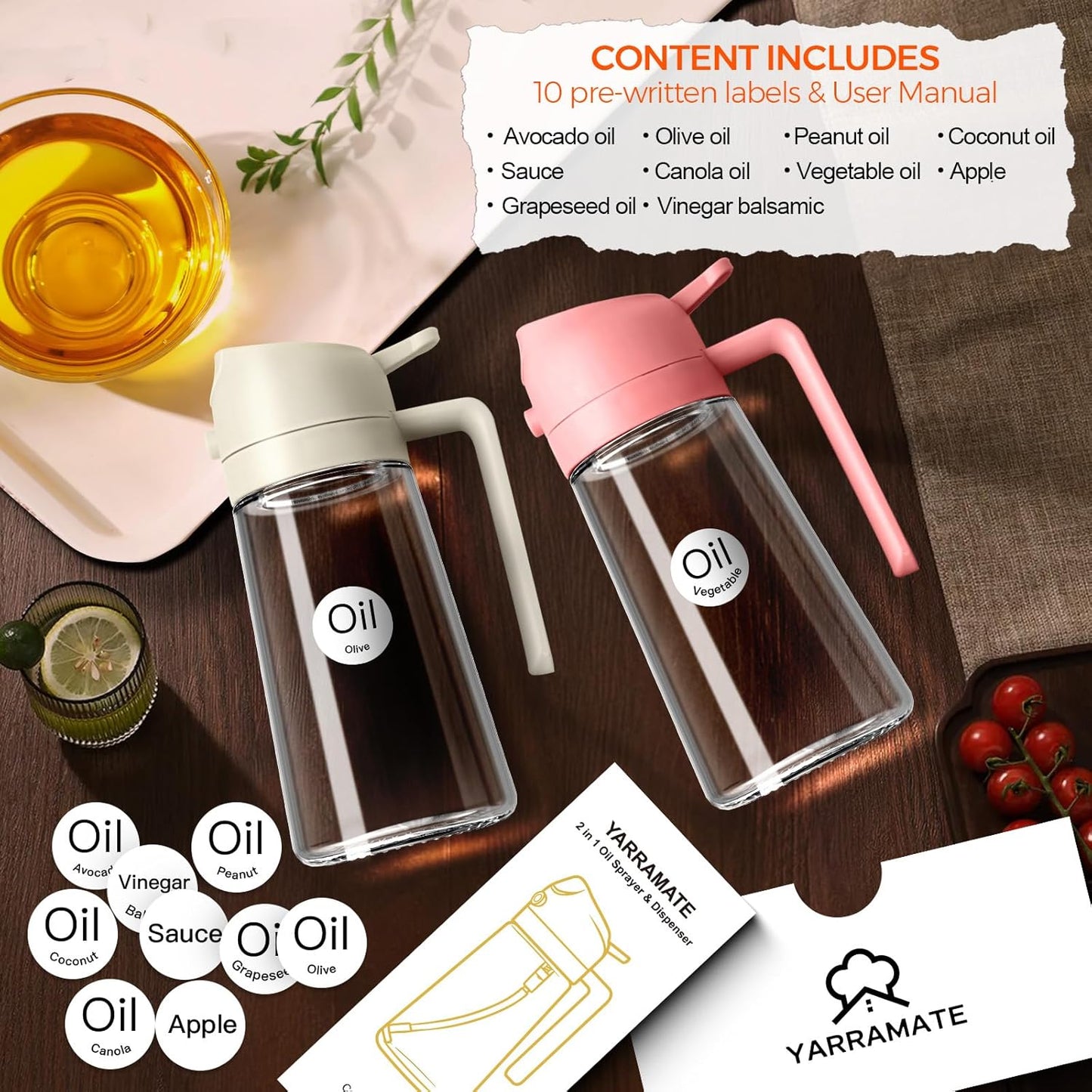 YARRAMATE 2Pcs 16oz/470ml 2 in 1 Oil Sprayer for Cooking with Stickers, Food-grade Glass Oil Spray Bottle, Oil Dispenser and Oil Sprayer for Kitchen, Salad, Frying, BBQ (White & Green)