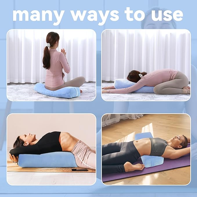 ROYALAY 2 Pcs Yoga Bolster Pillow for Restorative Yoga, Rectangular and Cylinder Meditation Pillow Set with Carrying Handles, Supportive Cushion for Exercise Workout Stretching Meditation,Sky Blue