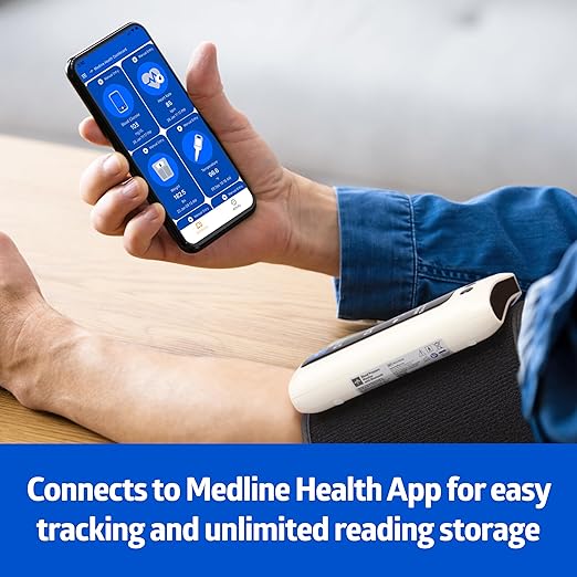 Medline Bluetooth Blood Pressure Monitor, Attached Universal Upper Arm Cuff, Digital LCD Display, Medline Health App Integration, Store Up to 120 Readings, Charger Cable and Carrying Case Included