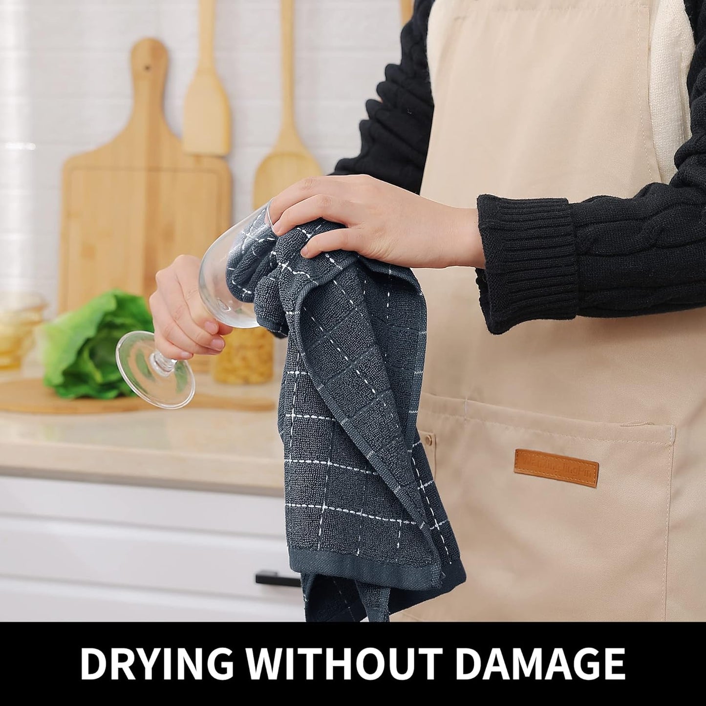 Homaxy 100% Cotton Terry Kitchen Towels(Dark Grey, 13 x 28 inches), Checkered Designed, Soft and Super Absorbent Dish Towels, 4 Pack