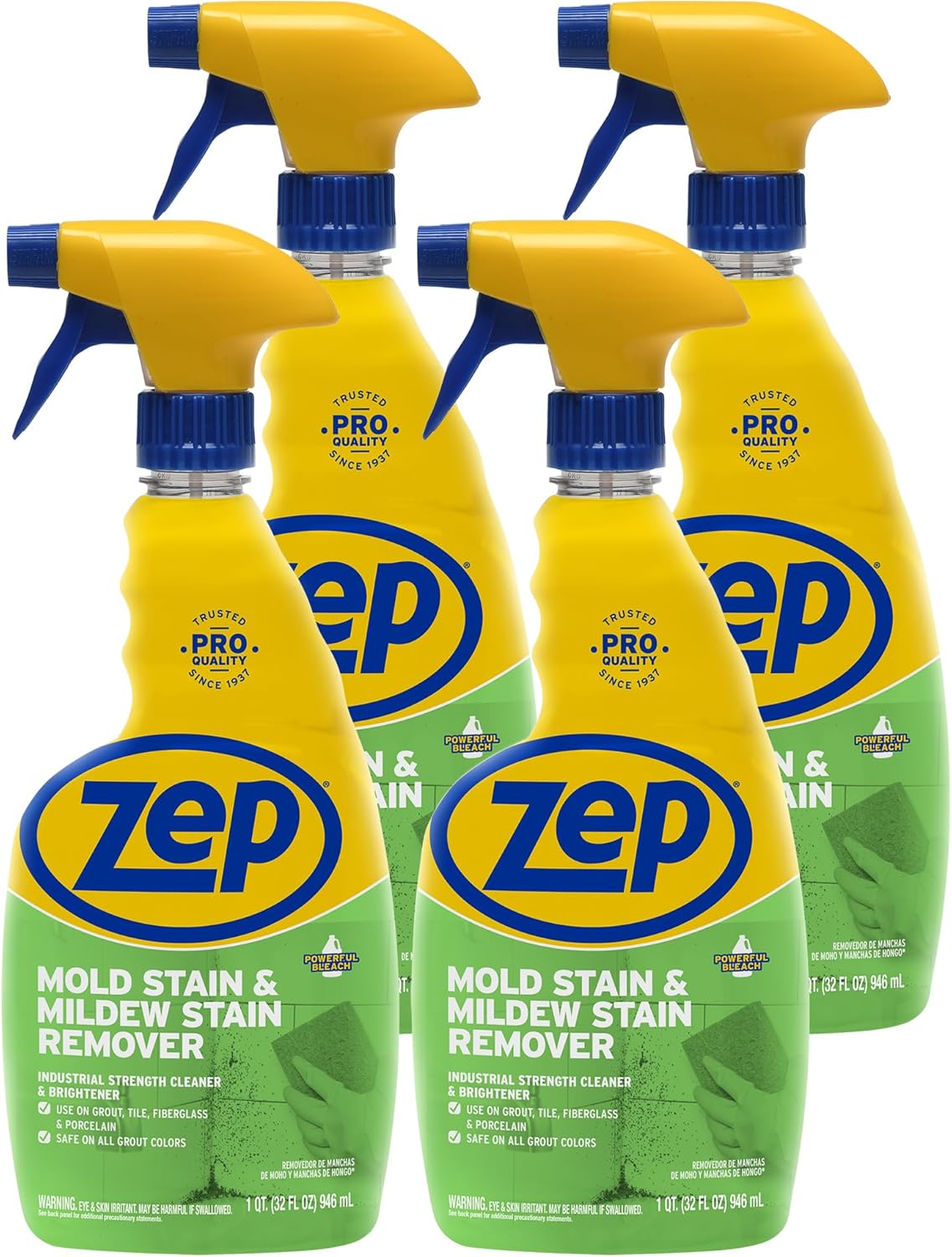 Zep Mold Stain and Mildew Stain Remover - 32 oz (Pack of 4) ZUMILDEW32 - Professional Strength No Scrub Formula