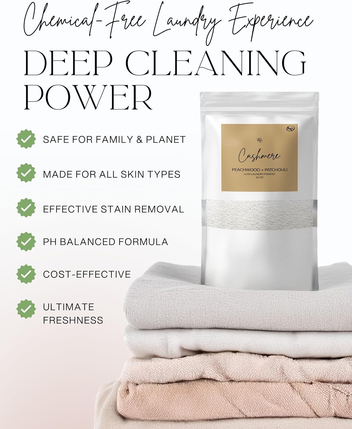 Home "CASHMERE" Laundry Detergent Powder & Laundry Booster – Ultra-Concentrated Peachwood & Patchouli Scent – Plant-Based, Stain-Fighting, HE Safe, Gentle on Skin – 32 oz / 64 Loads