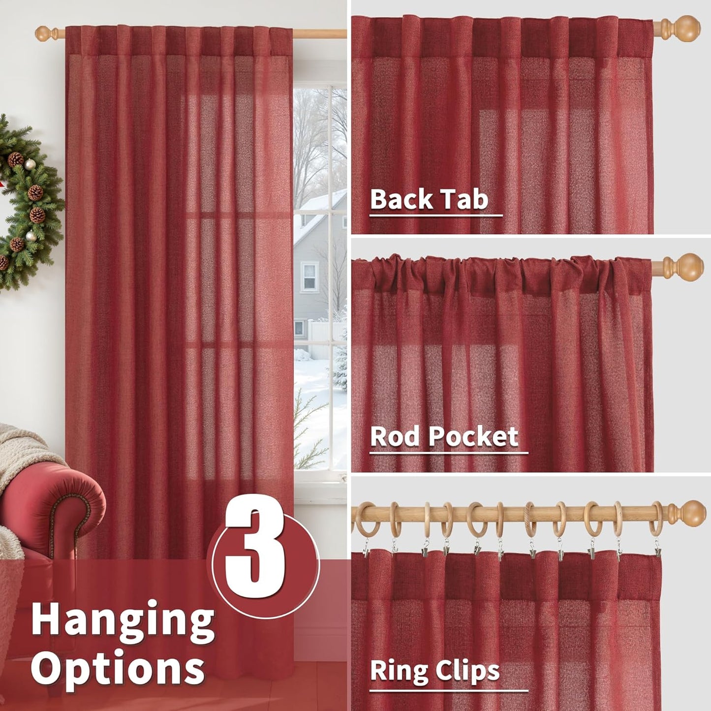 YoungsTex Red Short Linen Curtains 36 Inch Length for Kitchen, Small Window Drapes with Rod Pocket Back Tab Light Filtering Christmas Decor for Bathroom Cafe, 2 Panels, 42 X 36 Inch