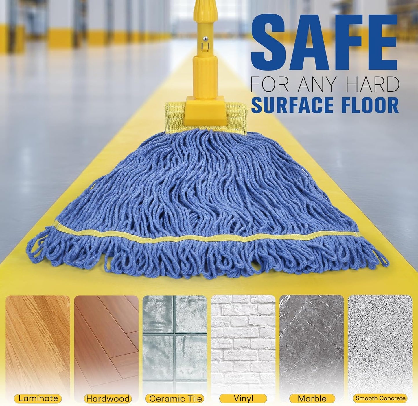 Matthew Cleaning Commercial Mop Head Replacement, 5 Inch Wide Headband, Looped End Cotton Blend String Wet Mops for Floor Cleaning, 24 oz Large, 3-Pack Blue