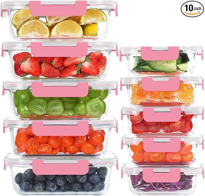 10 Pack Glass Food Storage Containers, Meal Prep Containers with Lids, Airtight Glass Lunch Boxes, Freezer, Oven, and Microwave Safe, Pink