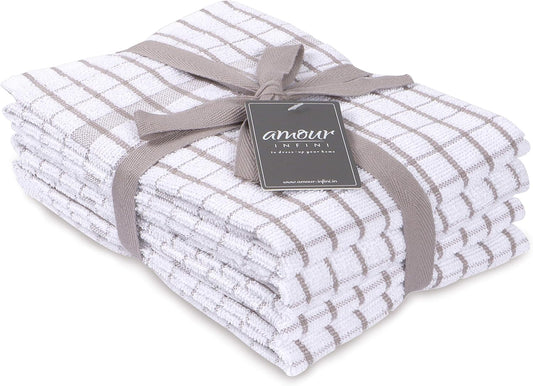AMOUR INFINI Kitchen Towels Set of 4 - Highly Absorbent, Super Soft Terry Cotton 20x28 Inch Dish Towels with Hanging Loop - Hand & Tea Towels for Cleaning & Drying Dishes (Beige)