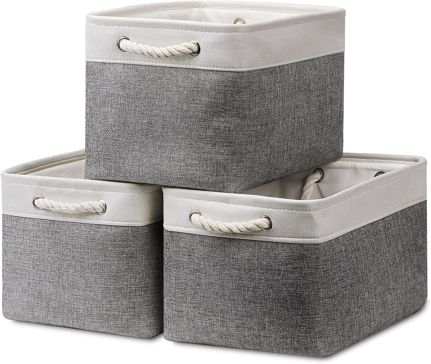 HNZIGE Large Fabric Storage Baskets (3 Pack) - Foldable Gift Baskets with Rope Handles, Decorative Organizers for Home (White & Gray, 15" x 11" x 9.5")