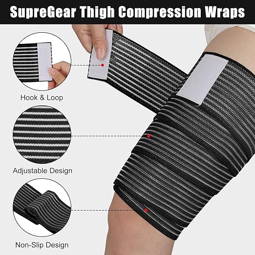 supregear 2 Pcs Hamstring and Thigh Compression Wraps, Adjustable Thigh Brace for Muscle Sprain, Quadricep Support Sleeve for Men and Women, Elastic Bandages for Knee Calf Arm Leg, 200 cm/79 in, Black