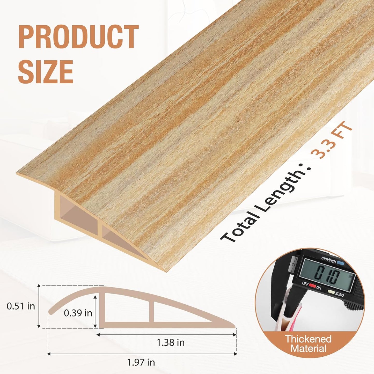 Floor Transition Strip Self Adhesive Vinyl Door Threshold for Doorways Carpet Edging Trim Overlap Edge Reducer for Laminate Floor, Carpet, Tile (Light Yellow Wood Grain, 1/5" to 2/5", 3.3Ft)