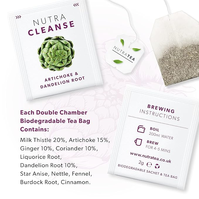Nutra Tea NUTRACLEANSE - Detox Tea | Colon Cleanse Tea | Constipation Teabags - Full Body Detox Cleanse – Includes Dandelion Root & Burdock Root - 20 Individually Wrapped Bags - Herbal Teas (1 Pack)