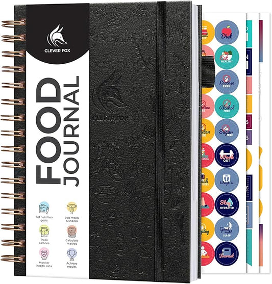Clever Fox Food Journal Spiral - Daily Food Diary, Meal Prep Planner to Track Calories & Nutrients, Weight Loss Tracker Notebook (Black)