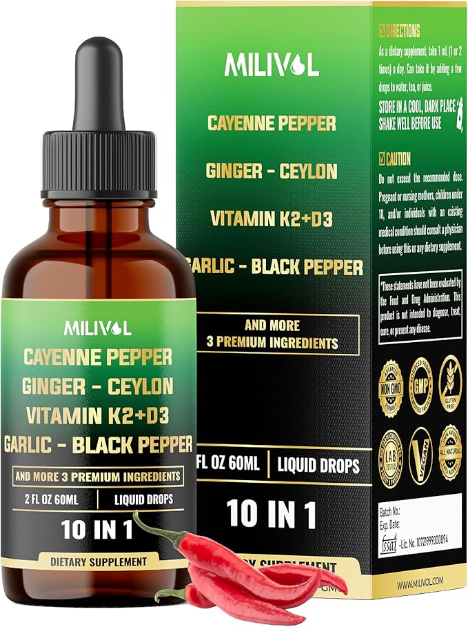 10in1 Cayenne Pepper Liquid Drops + Ginger, Ceylon Cinnamon, Vitamin D3, Vitamin K2, Garlic, Black Pepper and More - Digestion Support - 2 Fl Oz - 2 Months Supply