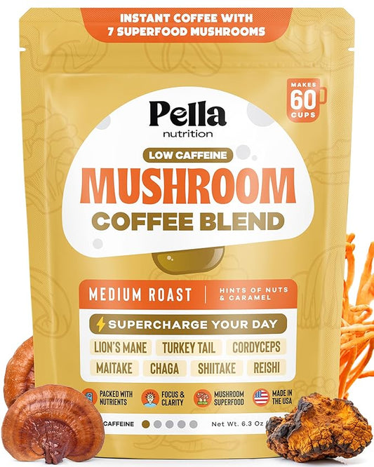 Organic Low-Caffeine Mushroom Coffee (60 Servings) with 7 Superfood Mushrooms, Great Tasting Instant Coffee, Includes Lion's Mane, Reishi, Chaga, Cordyceps, Shiitake, Maitake, and Turkey Tail