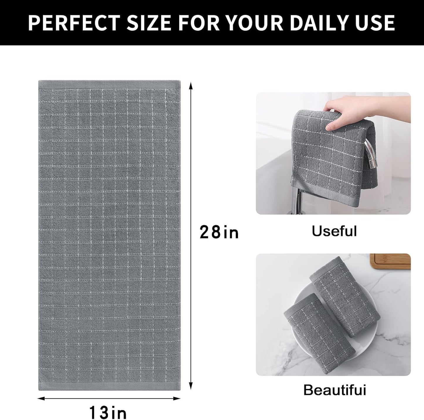 Homaxy 100% Cotton Terry Kitchen Towels(Grey, 13 x 28 inches), Checkered Designed, Soft and Super Absorbent Dish Towels, 4 Pack