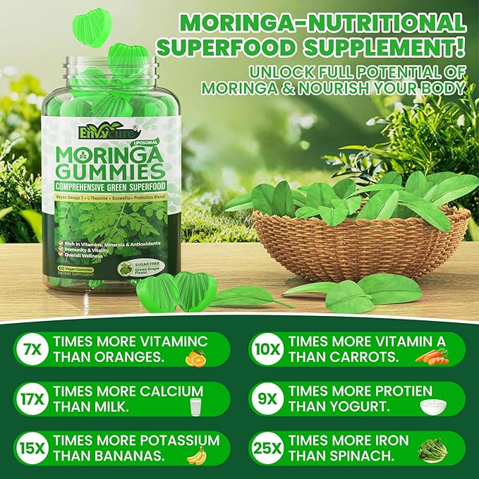 Organic Moringa Gummies 1000mg for Women Men, Liposomal Nutrient-Dense Pure Green Superfood, w/Vegan Omega-3, Boswellia, L-Theanine & Probiotic, for Energy, Focus, Antioxidants & Gut Health, 120Cts