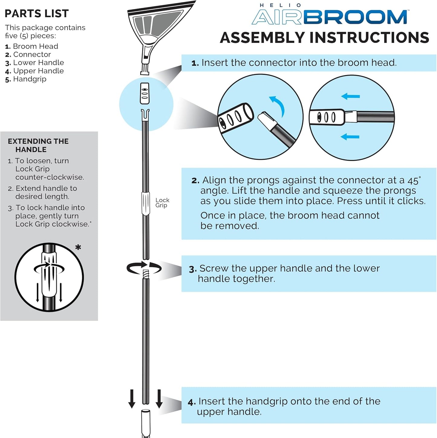 Helio Air Broom 3 Piece Kit All Surface Sweeper and Squeegee for Wet and Dry Cleaning Dust, Dirt, Liquids, Pet Hair, Tile, Hardwood Floors, Carpet, Furniture, Windows, Shower Doors As Seen on TV